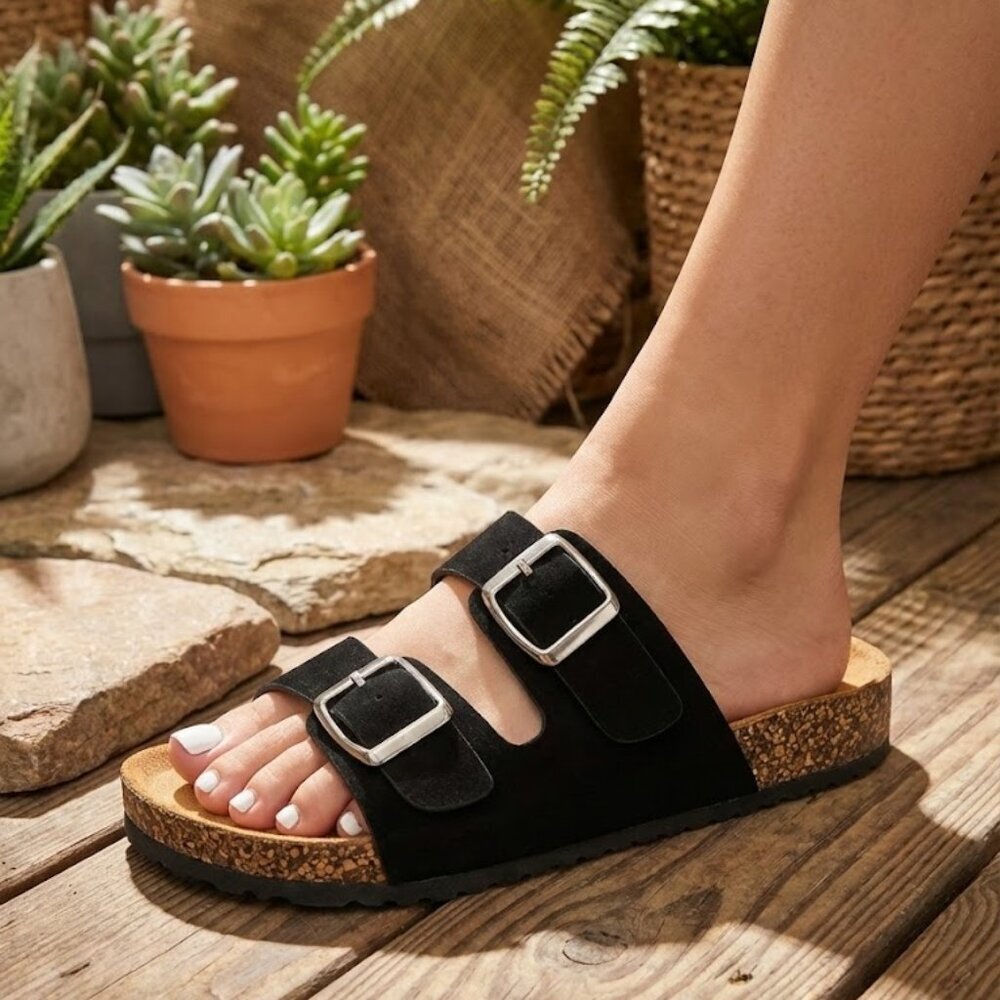 NWT Wild Diva Black Faux Suede Double Buckle Cork Slide Sandals Boho Comfort